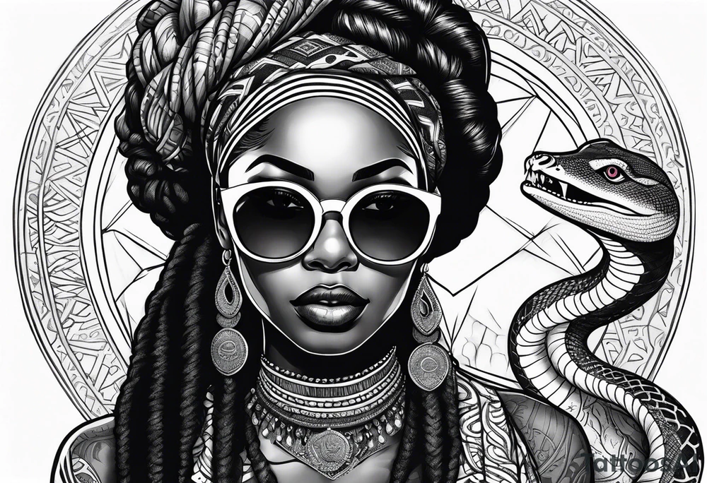 Muslim African woman  with snake dreads biting money sun glasses tattoo idea