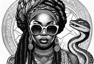 Muslim African woman  with snake dreads biting money sun glasses tattoo idea