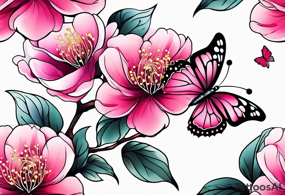 Vibrant, pink plum blossom flowers with butterflies tattoo idea