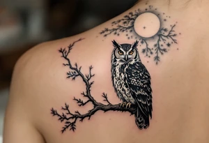 wise owl perched on ancient oak branch under starlit sky tattoo idea