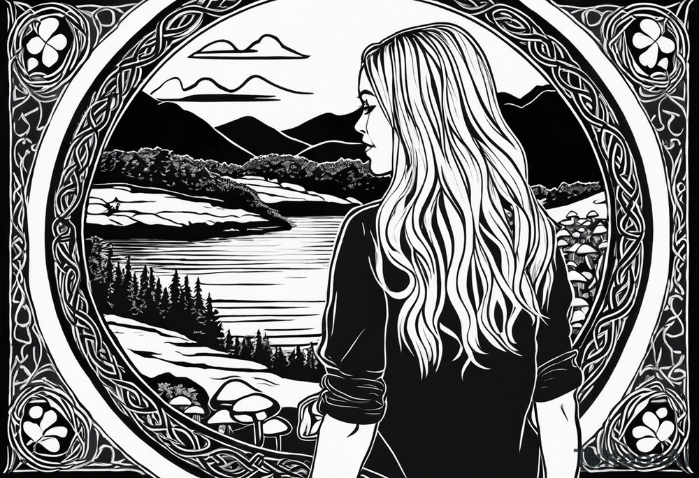 Whole picture encircled fully

Straight long blonde hair hippie girl in distance holding mushrooms in hand facing away toward mountains and creek surrounded by mushrooms long sleeve shirt and hiking pants; whole rendering within a full celtic circle border, no cut off circle tattoo idea