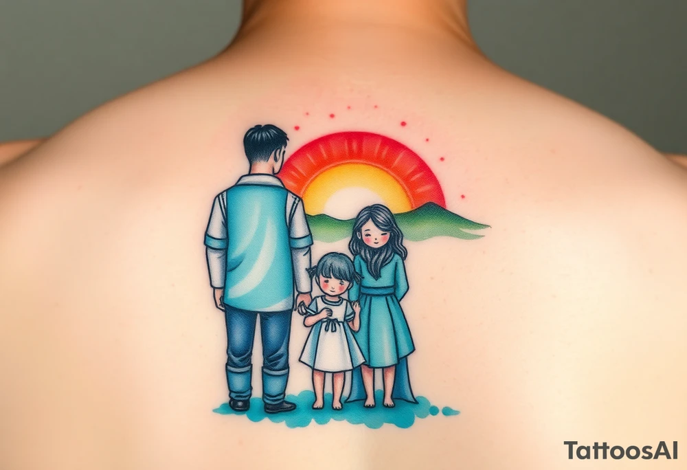 Family 2 parents, 1 baby boy, one young girls with colour around the caracters and empty caracters and sunrise tattoo idea