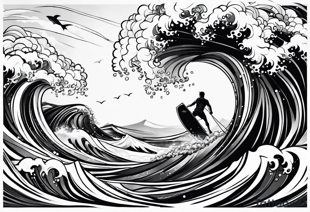Poseidon im Vordergrund mit Windsurfer und Wellen im Hintergrund tattoo idea