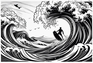 Poseidon im Vordergrund mit Windsurfer und Wellen im Hintergrund tattoo idea