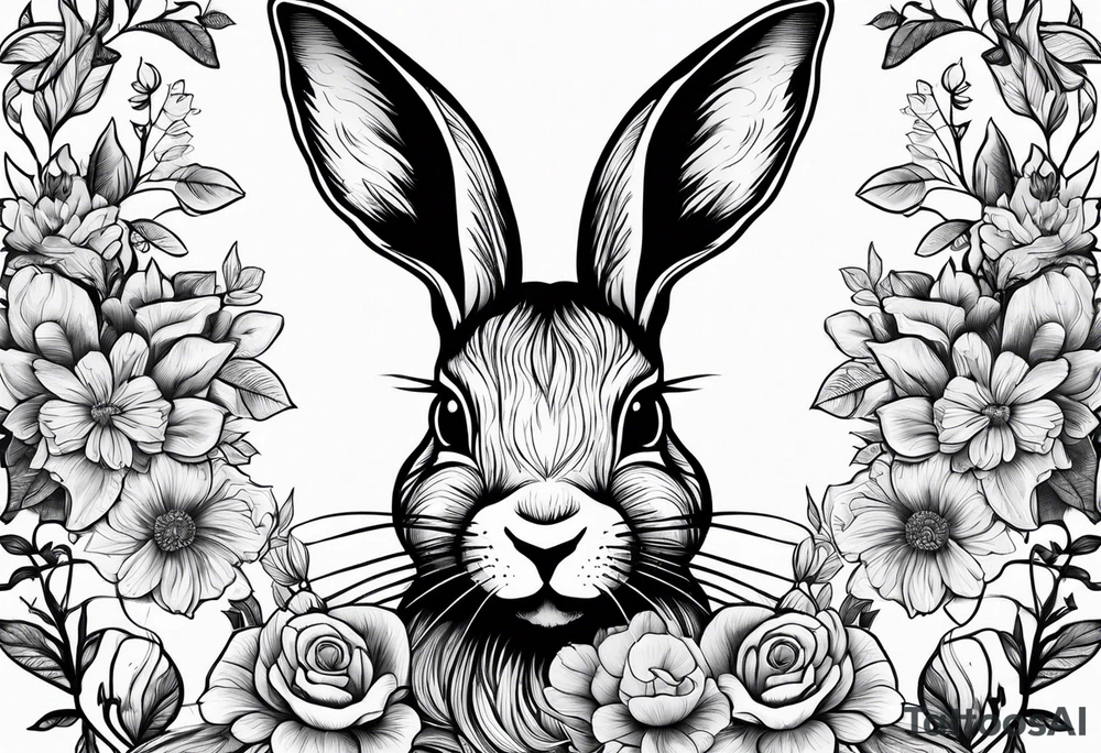 Rabbit head and flowers tattoo idea