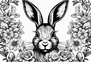 Rabbit head and flowers tattoo idea