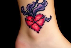 A stitched-up voodoo heart with black X-shaped stitches, surrounded by deep violet and gray smoke. tattoo idea