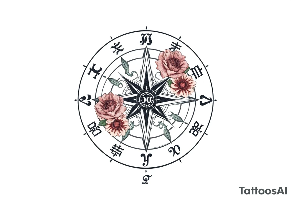 zodiac symbols the elements and Norse runes within ornate compass with roses lilly sunflowers tattoo idea