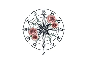 zodiac symbols the elements and Norse runes within ornate compass with roses lilly sunflowers tattoo idea