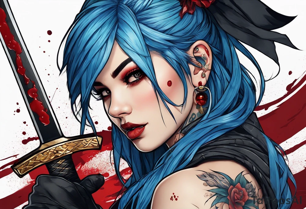 Beautiful Girl with piercings and blue hair with a katana in her hand and blood around it tattoo idea