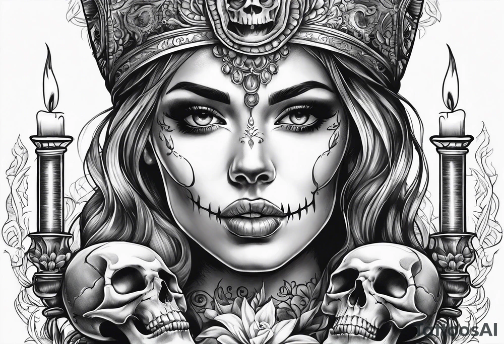 Skull and candle woman's face above tattoo idea