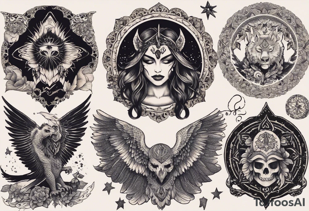 black kali, goddess pirate, alien, angel, pachamama, valkrye, warrior, flying, skull, lotus azul, wing, eagle, zenza resonance, stars, 5D, anahata chakra, death, durga, riding on a tiger, flying lady, kundalini, chest tatoo tattoo idea