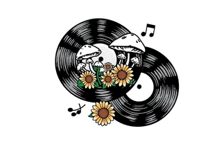 two overlapping vinyl records with mushrooms, sunflowers, and music notes tattoo idea