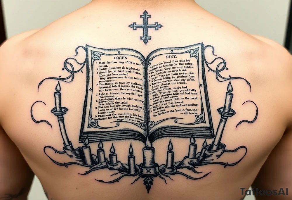 Ancient grimoire levitating above occult runes and candles showing an invocation spell on its pages tattoo idea