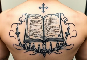 Ancient grimoire levitating above occult runes and candles showing an invocation spell on its pages tattoo idea