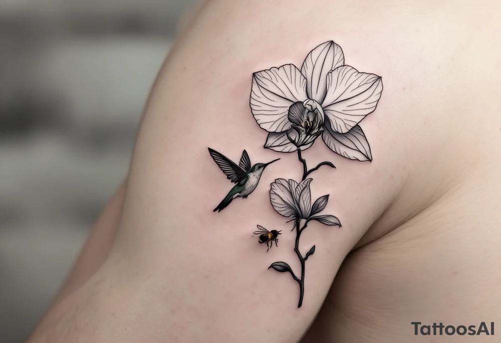 A delicate, black and white fine-line tattoo for male, featuring gracefully detailed 2 orchids in full bloom including their stems, with soft, intricate petals and elegant curves. Beside it, a hummingbird hovers mid-flight, its wings drawn with subtle motion lines, its slender beak reaching toward the orchid’s center to drink its nectar. on the other flower there is a bee that is resting tattoo idea