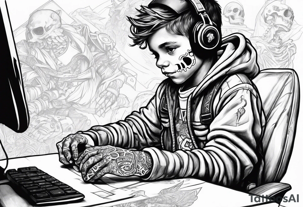 Kid wearing a skeleton costume playing video games tattoo idea