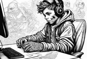 Kid wearing a skeleton costume playing video games tattoo idea