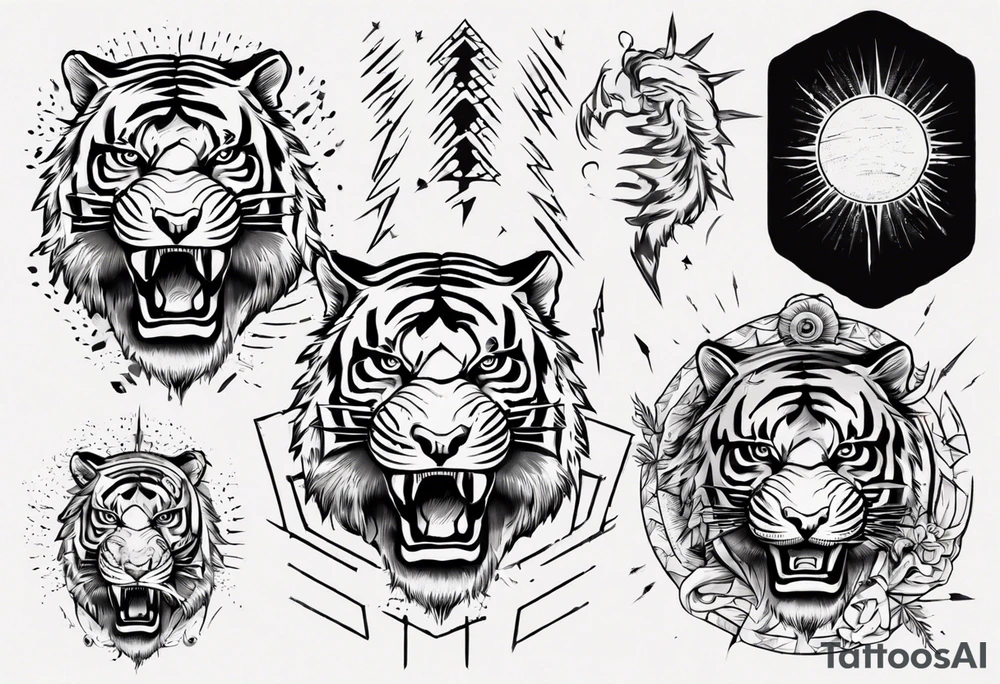 Ancient tiger with lightning and a sun for a forearm sleeve. With patterns surrounding it tattoo idea Ancient tiger with lightning and a sun for a forearm sleeve. With patterns surrounding it tattoo idea