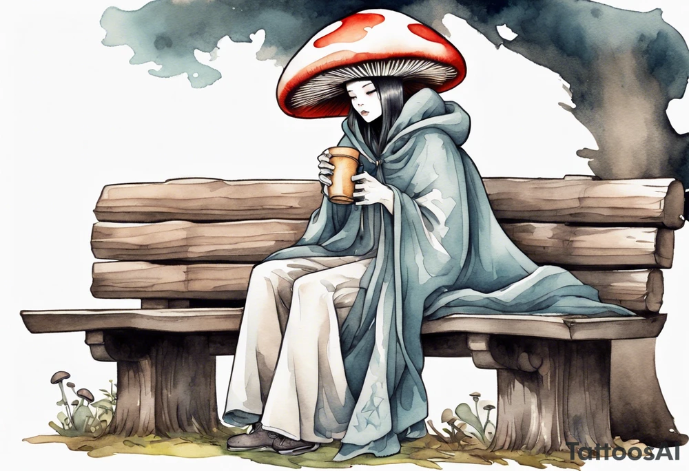 mushroom wearing a cloak sitting on a bench drinking from a wood cup tattoo idea