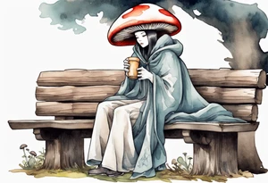 mushroom wearing a cloak sitting on a bench drinking from a wood cup tattoo idea