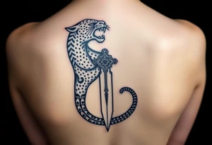 mystical panther coiled around an ancient dagger with jeweled hilt tattoo idea