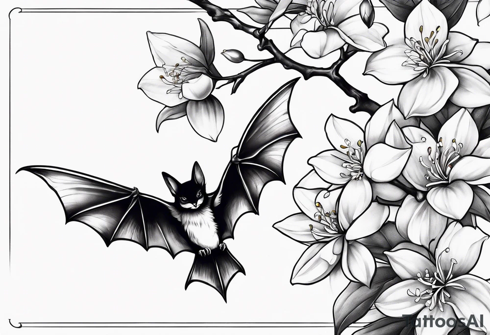 Shoulder and collarbone tattoo of a vibe of night-blooming Jasmine with a bat hanging from one of the stems tattoo idea