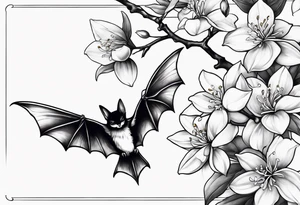 Shoulder and collarbone tattoo of a vibe of night-blooming Jasmine with a bat hanging from one of the stems tattoo idea