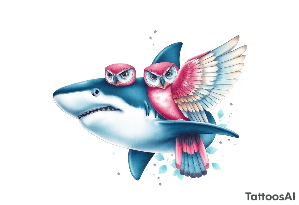 Hammerhead shark eating a pink owl tattoo idea