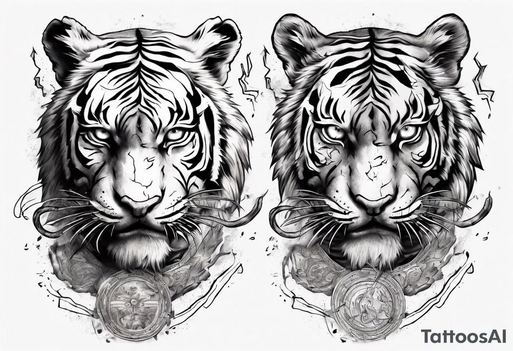 Ancient tiger with lightning and a sun for a forearm sleeve. With patterns surrounding it tattoo idea