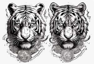 Ancient tiger with lightning and a sun for a forearm sleeve. With patterns surrounding it tattoo idea