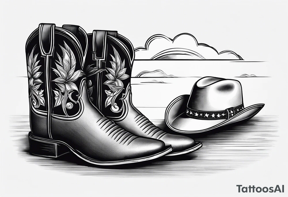 A pair of mens boots, a pair of womens flip flops and a cowboyhat on the Beach. Keep it simple tattoo idea
