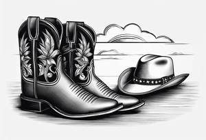 A pair of mens boots, a pair of womens flip flops and a cowboyhat on the Beach. Keep it simple tattoo idea