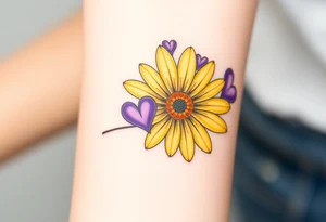 Yellow daisy flower with Purple Hearts tattoo idea