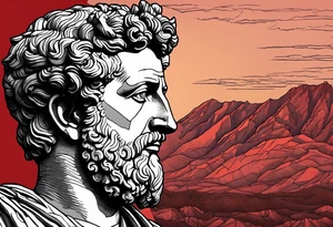 A grey statue of the face of Marcus Aurelius looking toward the observer in a 25 degree angle. The bottom left part of the statue is broken. The Background are mountains in a red hue. tattoo idea