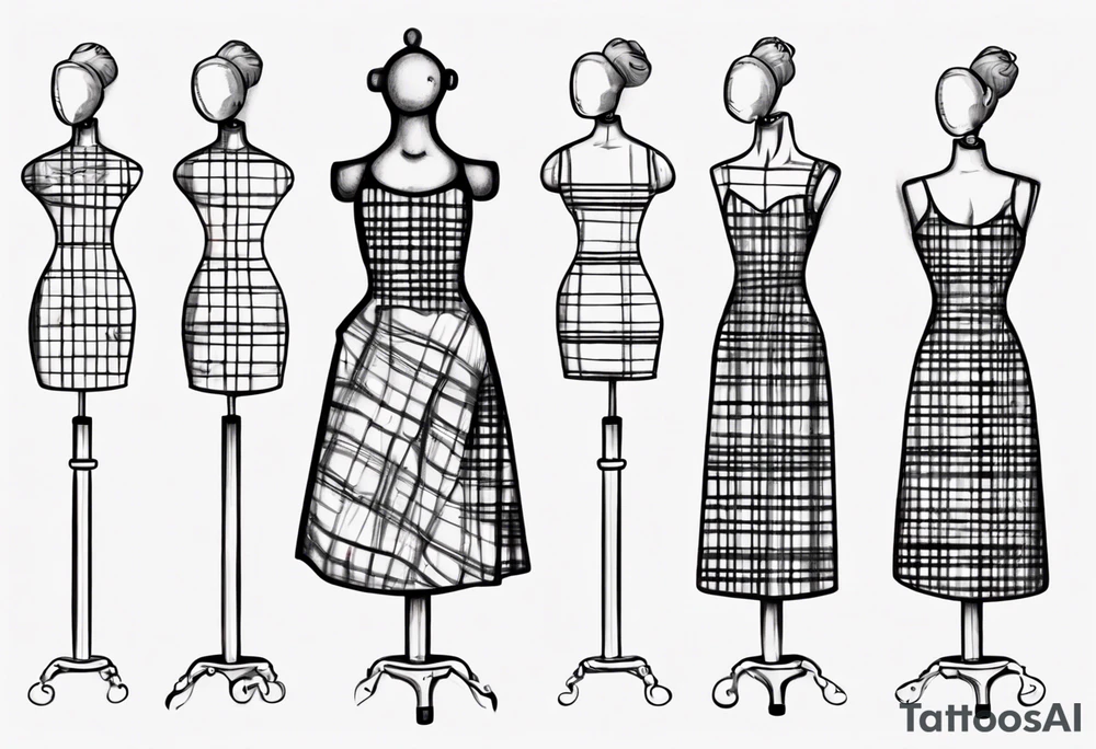 drawing of a dressmaker's dummy wearing a little girl's plaid dress tattoo idea