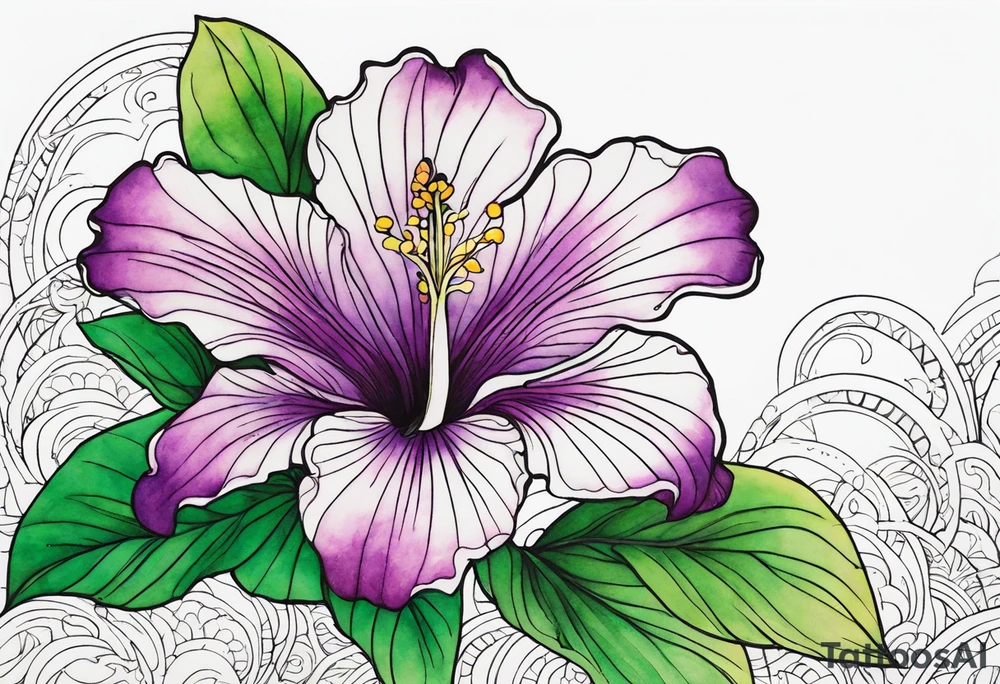 An outline of a rio dipladenia flower with a green and purple watercolor sky in the background tattoo idea