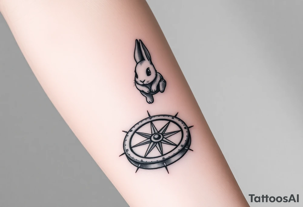 Small Rabbit jumping on top the compass that looks like a rabbit hole. tattoo idea