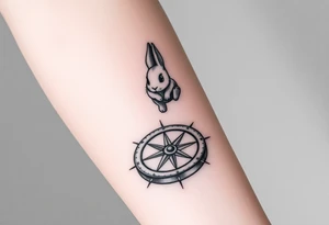 Small Rabbit jumping on top the compass that looks like a rabbit hole. tattoo idea