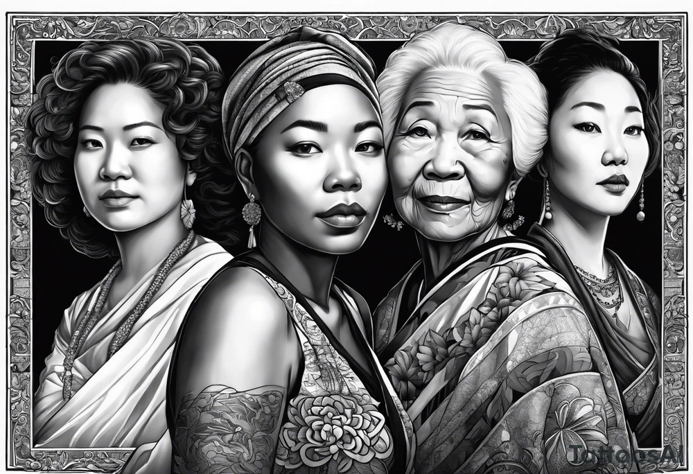 three  people side by side. a really really young black Daughter on the left, a white mother in the middle, really really old asian grandmother on the right. greater age difference, in an artfully decorated frame tattoo idea