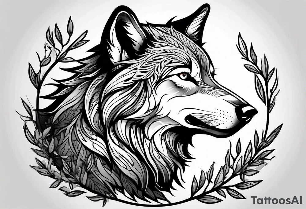 howling wolf drawn with olive tree branches and leaves tattoo idea