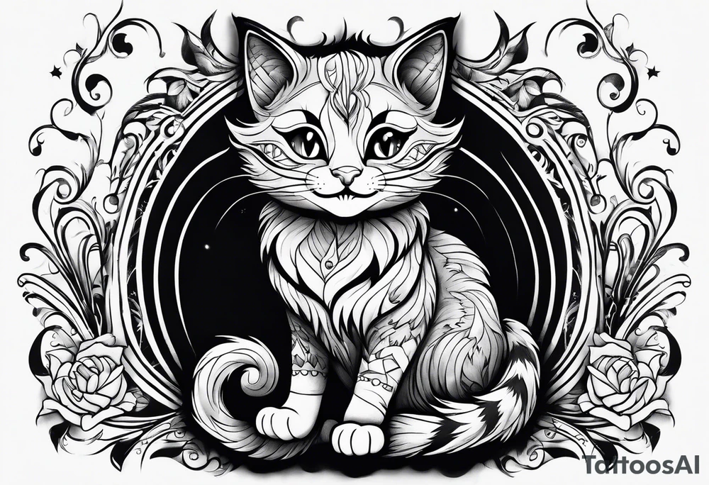 Cute Maine coon kitten dressed like Cheshire cat tattoo idea