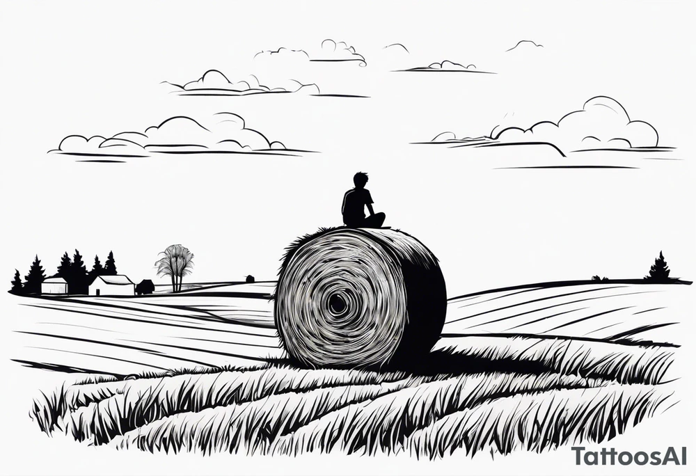 A boy sitting on top of a twisted bale of hay in a field where you can see the same bales of hay in the distance, and a tattoo idea