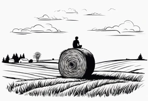 A boy sitting on top of a twisted bale of hay in a field where you can see the same bales of hay in the distance, and a tattoo idea