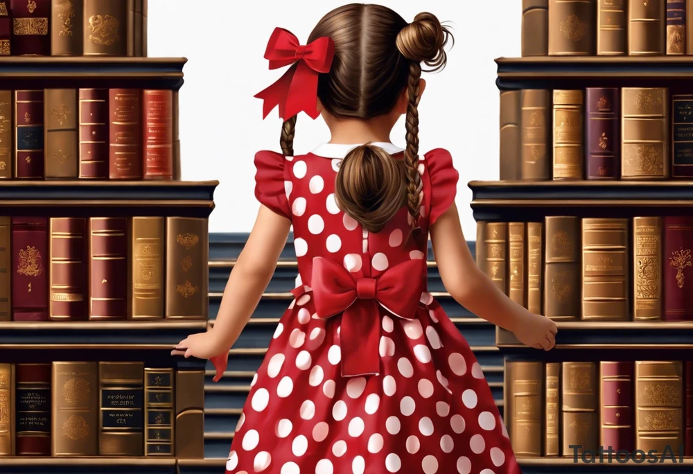 5 year old girl. Facing away and walking up steps which look like large books. The binding of the books being the front of the stairs. The girl has her hair partially up, with a bow securing her hair. She's wearing a puffy a-line, polka dot dress. In one hand, she's holding the arm of a stuffed dog, in the other she hold the hand of someone who's arm slowing disappears. tattoo idea