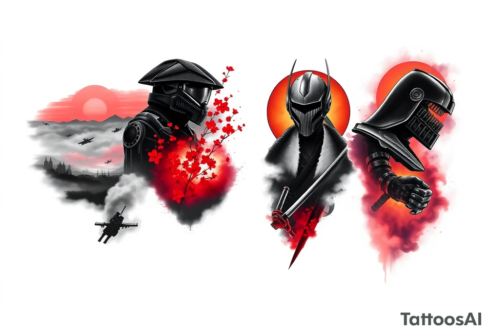 Full arm sleeve tattoo design, black and grey realism with selective color pops, cinematic 3D style.
Outer left arm: Halo Reach skyline in storm clouds with ember-red glow, emille silhouette in distance.
Ghost of Tsushima: Jin Sakai face and mask, katana behind, with flowing blood-red cherry blossoms drifting across.
Helldivers 2: silhouettes of Helldivers dropping from pods through smoke and sparks (orange sparks glowing), wrapping around the elbow area.
DOOM Eternal: hyper-realistic Doom Slayer bust/helmet in brutal combat with snarling demon, molten fire glow in background, flames bursting in deep orange-red.



Inner left arm: Firewatch tower in silhouette on ridges, orange and purple dusk glow blending into smoke. tattoo idea