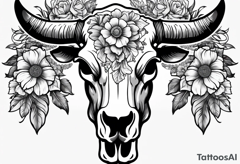Cow skull with flowers on top and bottom tattoo idea