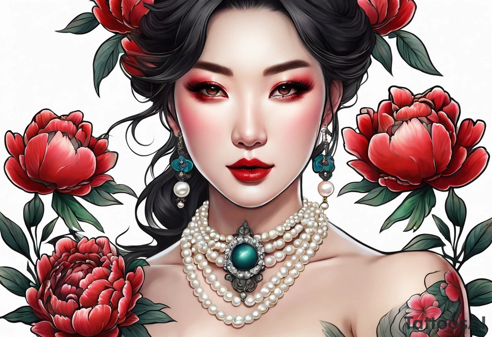 Red peony with pearl necklace and rabbit tattoo idea