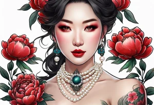 Red peony with pearl necklace and rabbit tattoo idea
