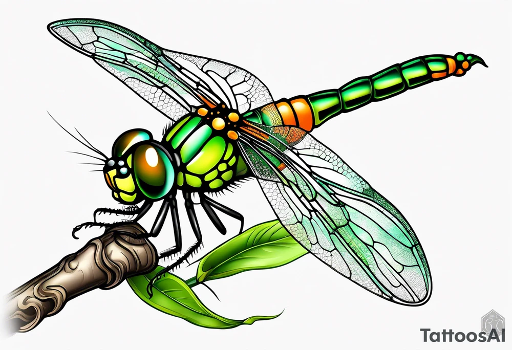 green and orange dragonfly on a twig tattoo idea